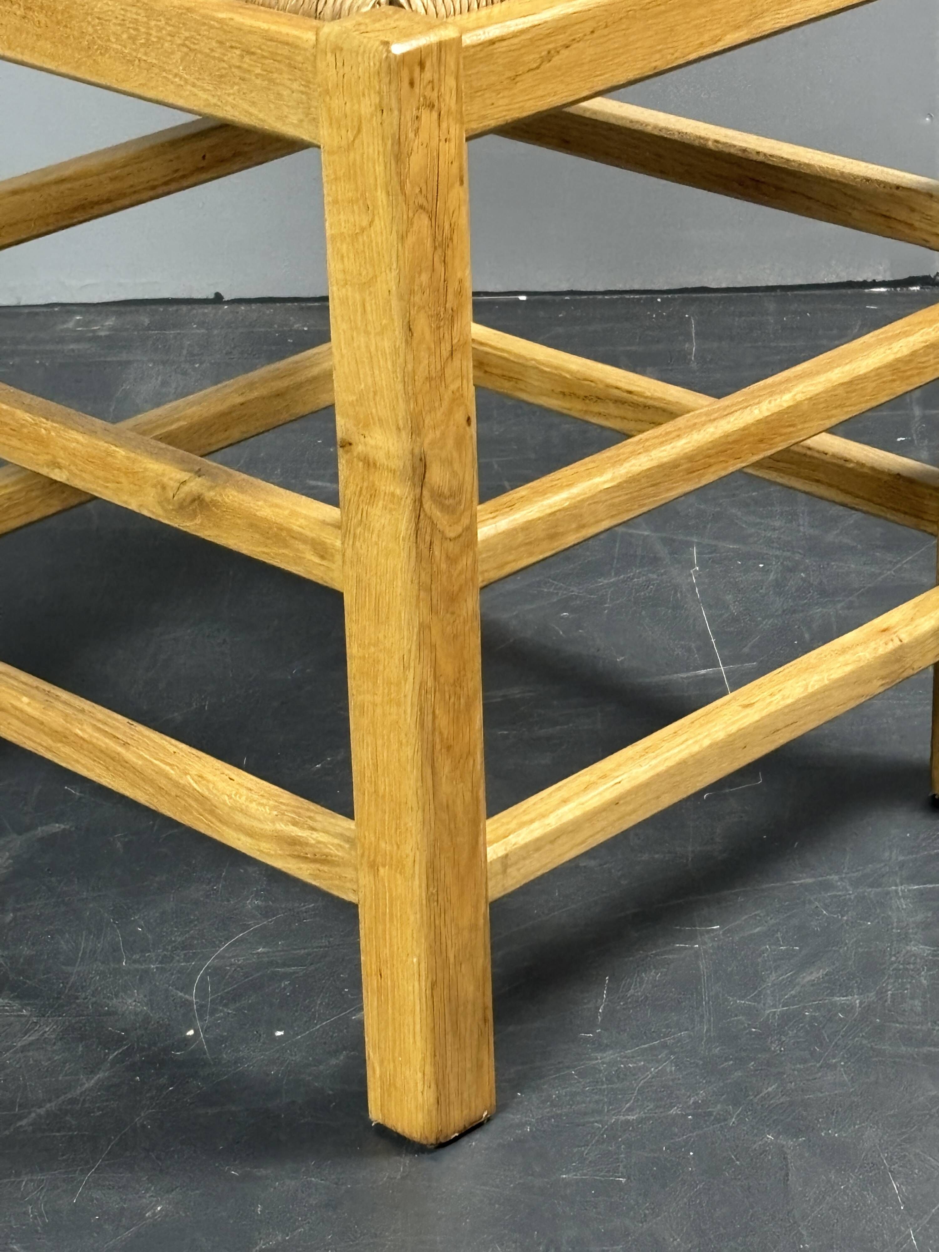 Dutch postmodern brutalist oak corner side chair with rush seat, 1970s