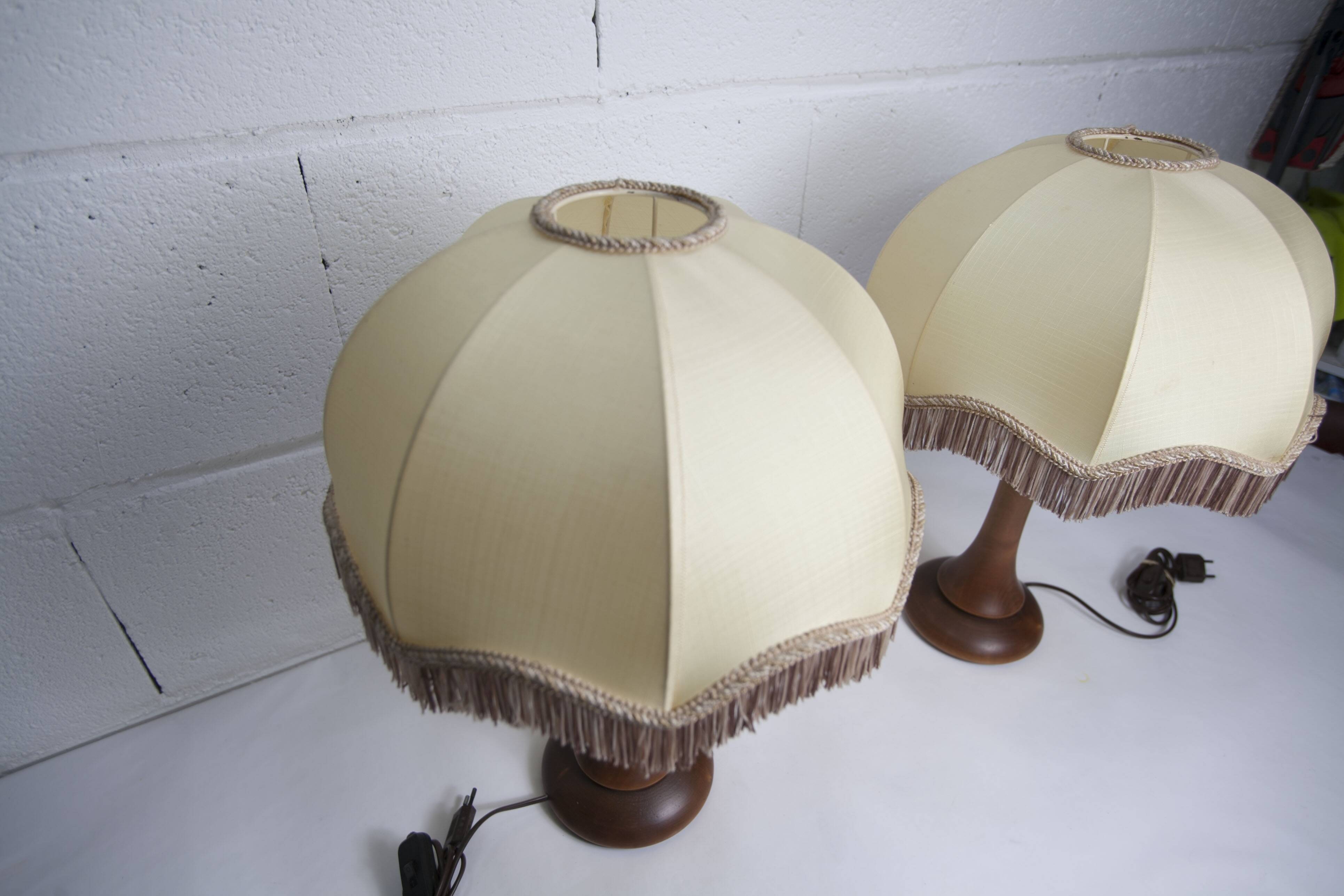 Pair of 1930s Art Deco bedside lamps with fringes, solid wood legs 52cm
