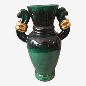 Vase en ceramique vert clair et fonce et dore annees 1950