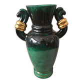 Vase en ceramique vert clair et fonce et dore annees 1950