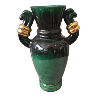 Vase en ceramique vert clair et fonce et dore annees 1950