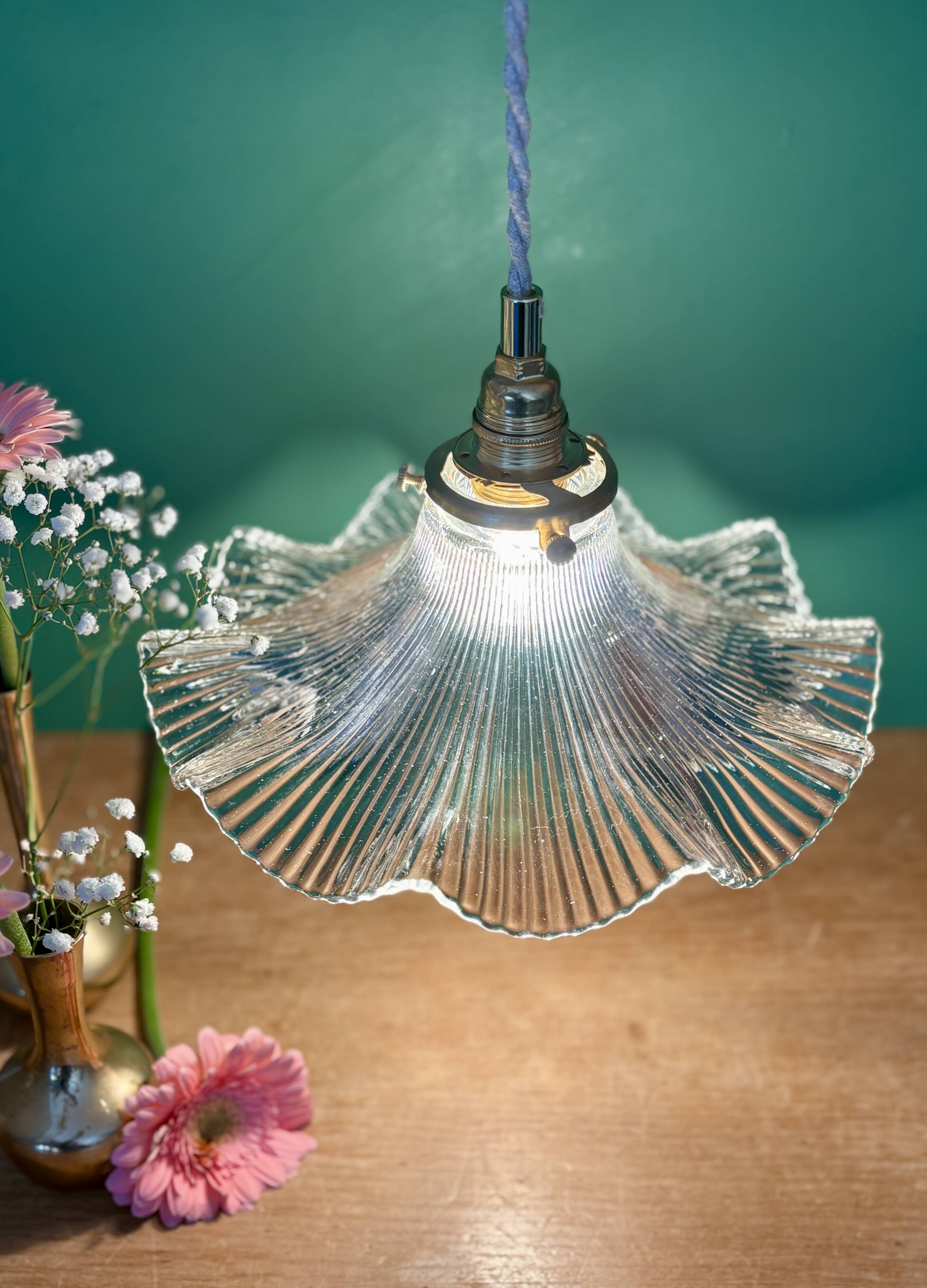 Suspension abat-jour vintage en verre holophane