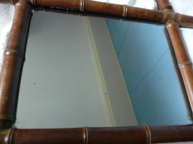 Vintage wooden bamboo mirror bohemian retro 47.5 cm by 41.5 cm