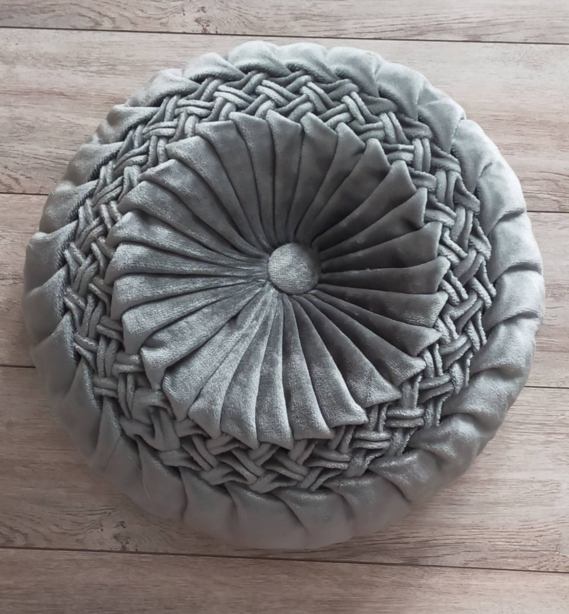 Vintage blue-grey velvet round cushion