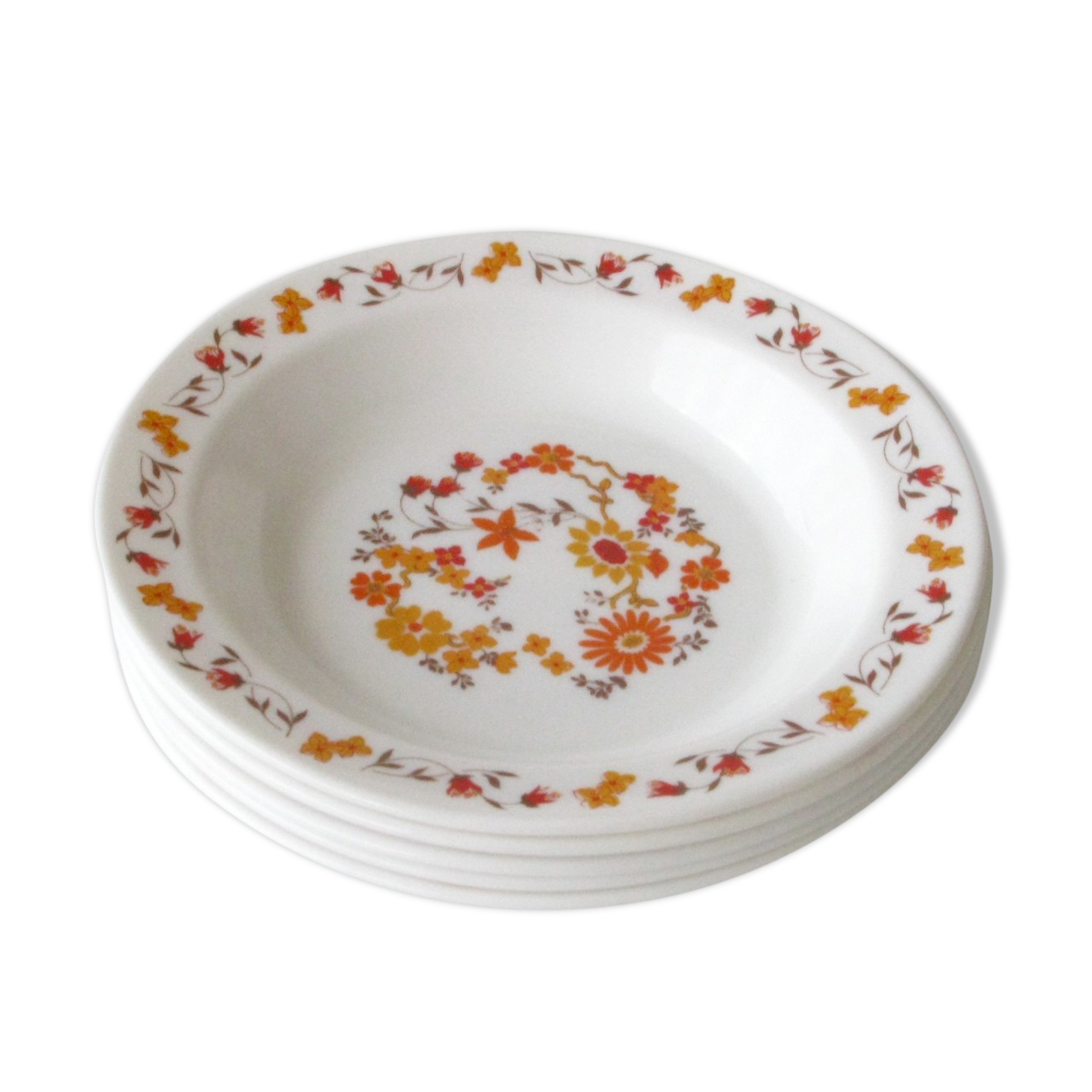 Lot 5 arcopal hollow plates -decorated with orange flowers