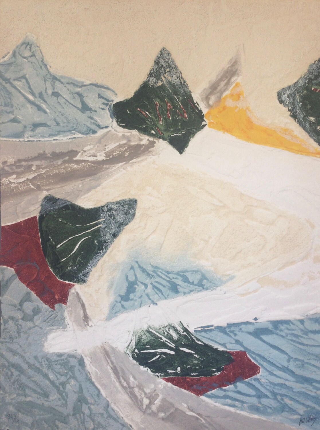 A carborundum engraving, towards the peaks, 1992, by bernard alligand.