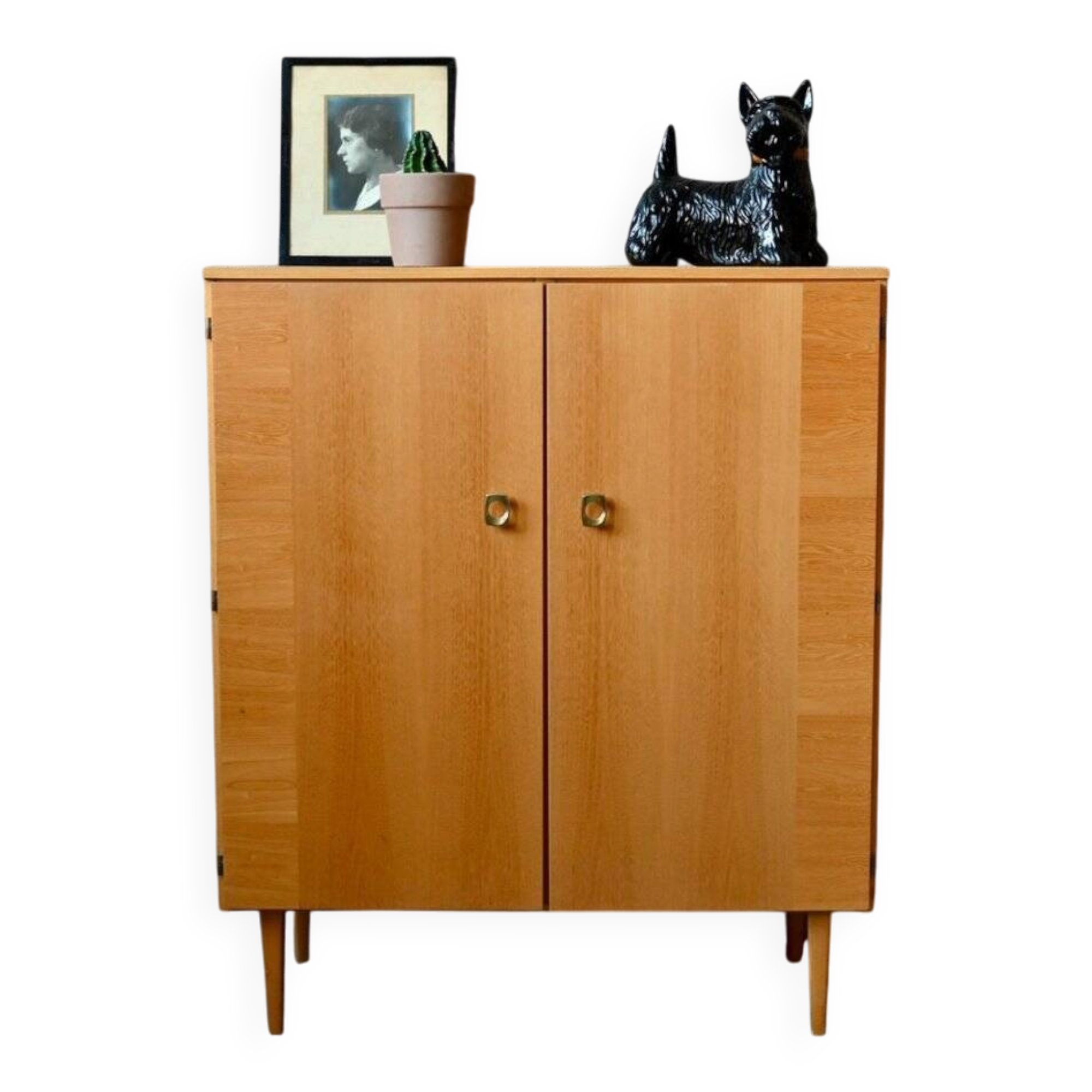 Vintage 1960s shoe cabinet in light wood and chrome metal.