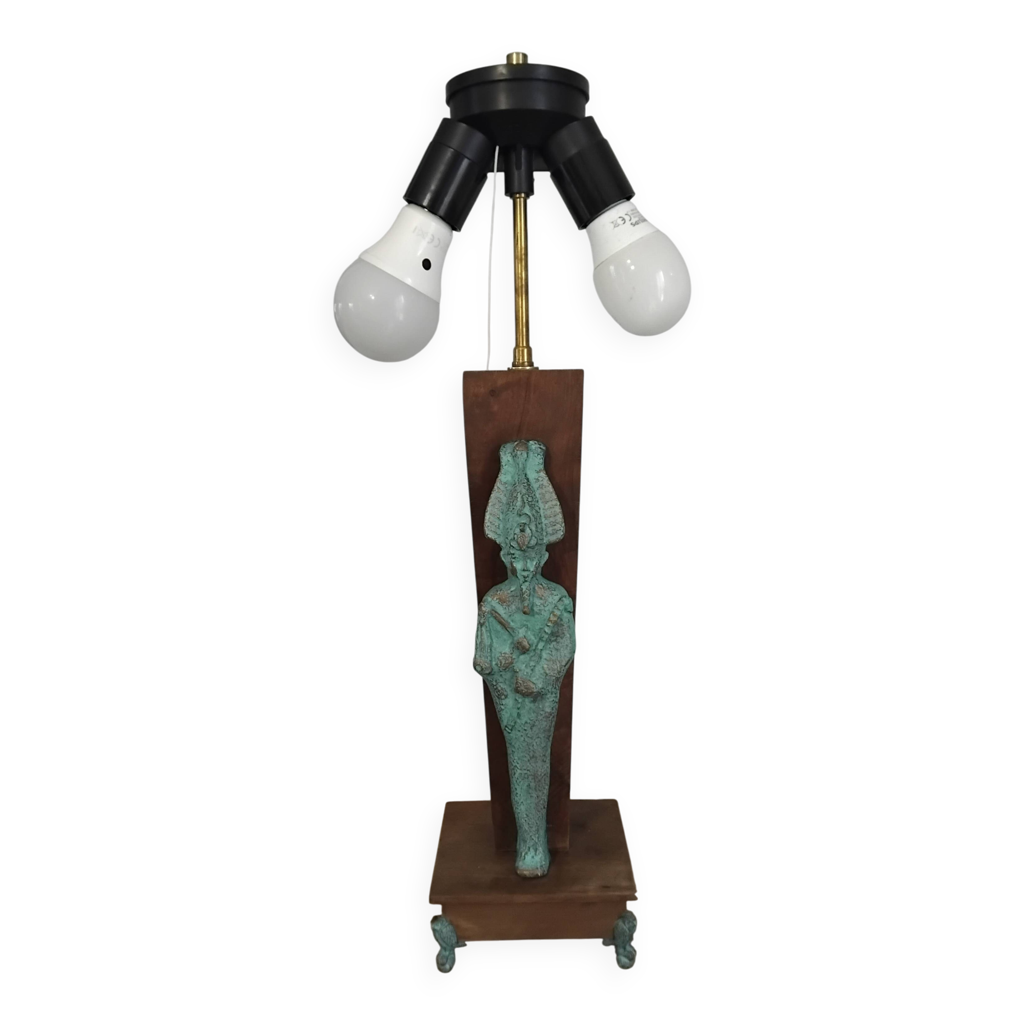 Lampe égyptienne osiris  bronze teck vintage  avec ecrin