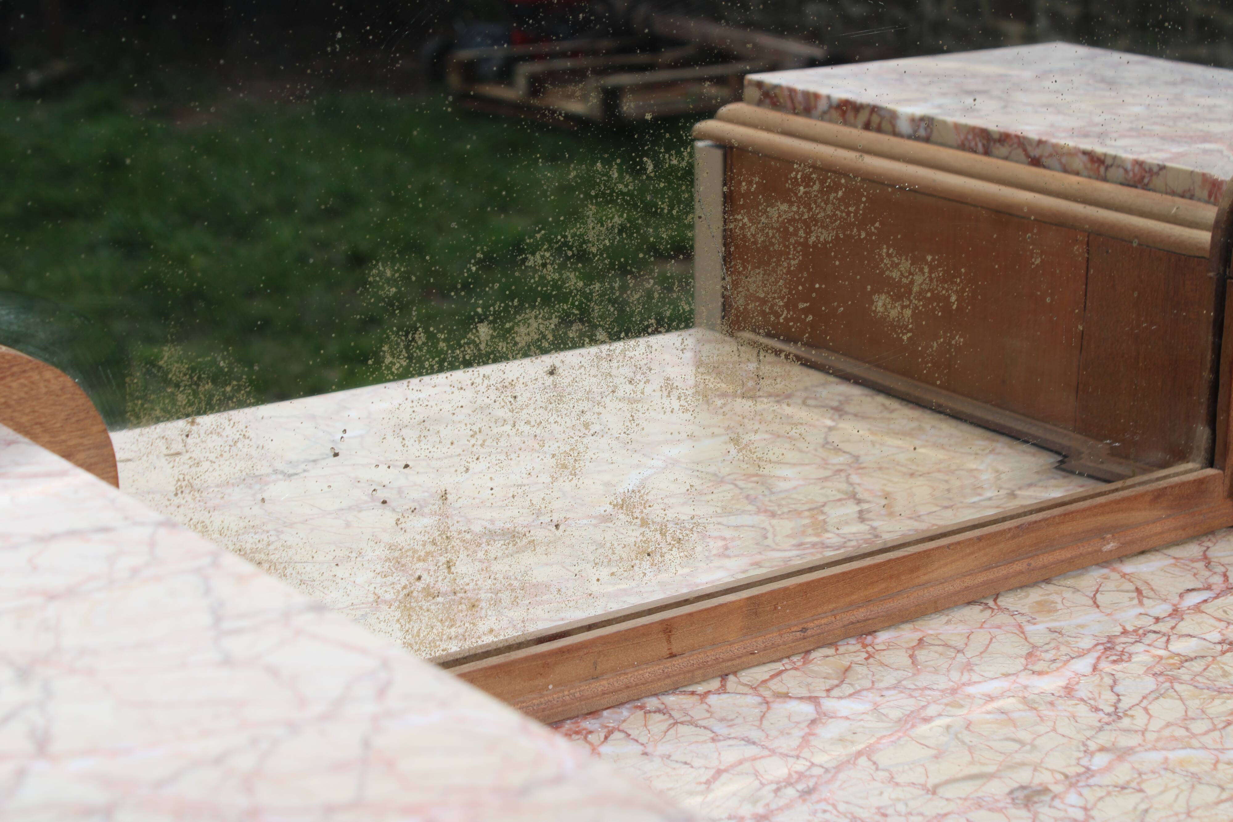 Renovated Art Deco buffet, pink marble and original mirror.