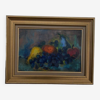 Oil on cardboard still life with fruits 1970 golden frame