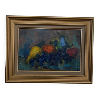 Oil on cardboard still life with fruits 1970 golden frame