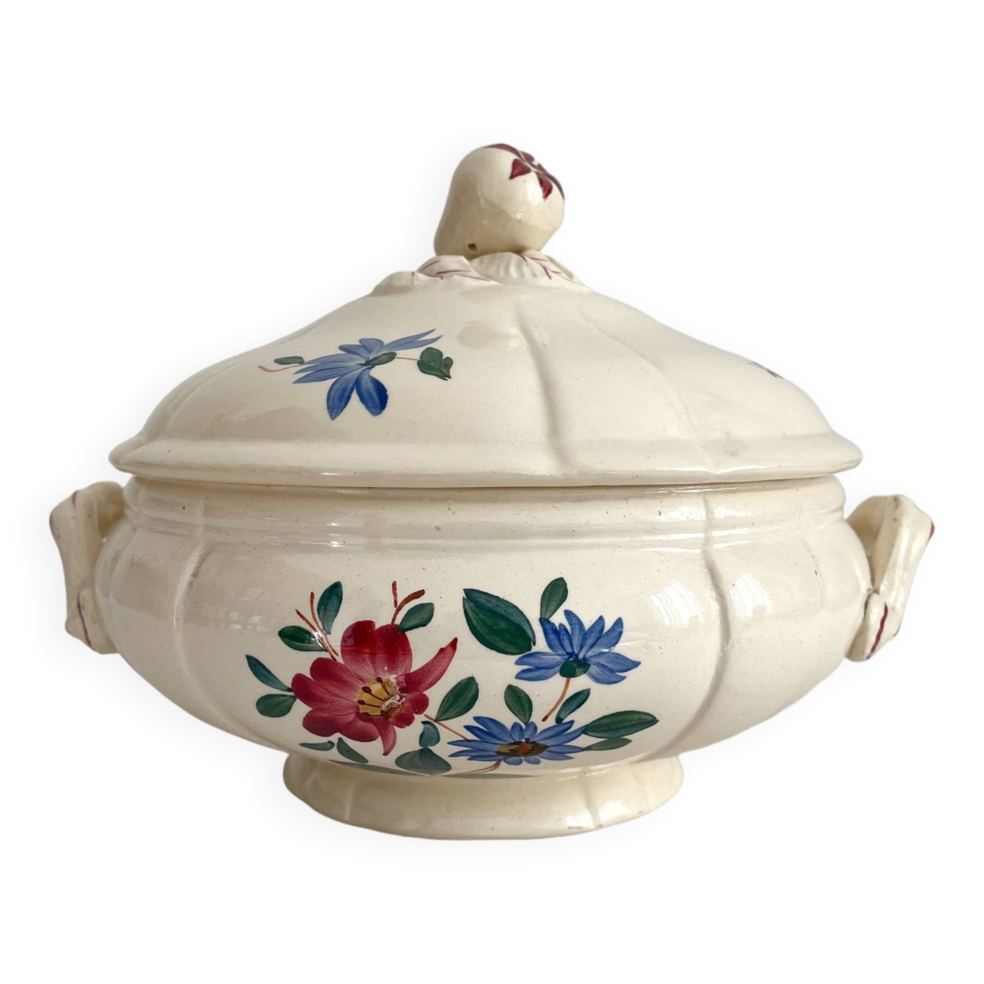 Small vintage ivory earthenware tureen with flowers, Digoin Sarreguemines