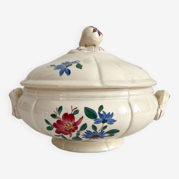 Small ivory earthenware tureen with flowers Digoin Sarreguemines vintage