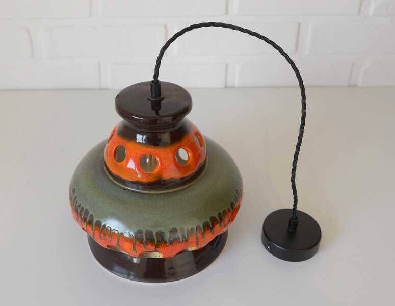 Vintage ceramic pendant light: 1970s rustic handmade chandelier