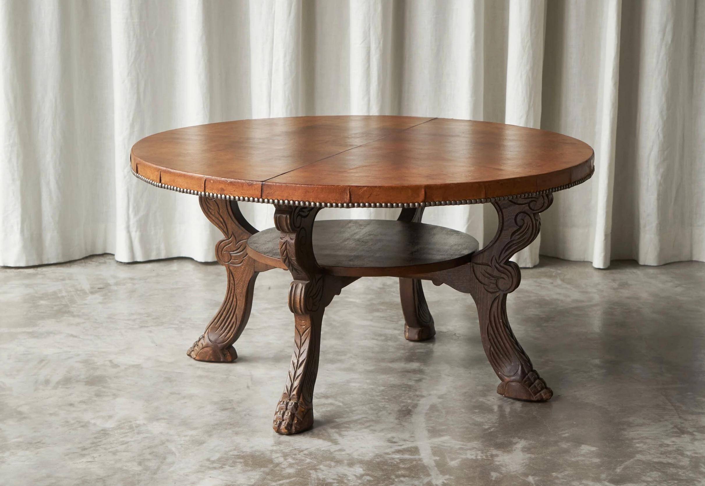 Table basse mid-century bois massif cuir