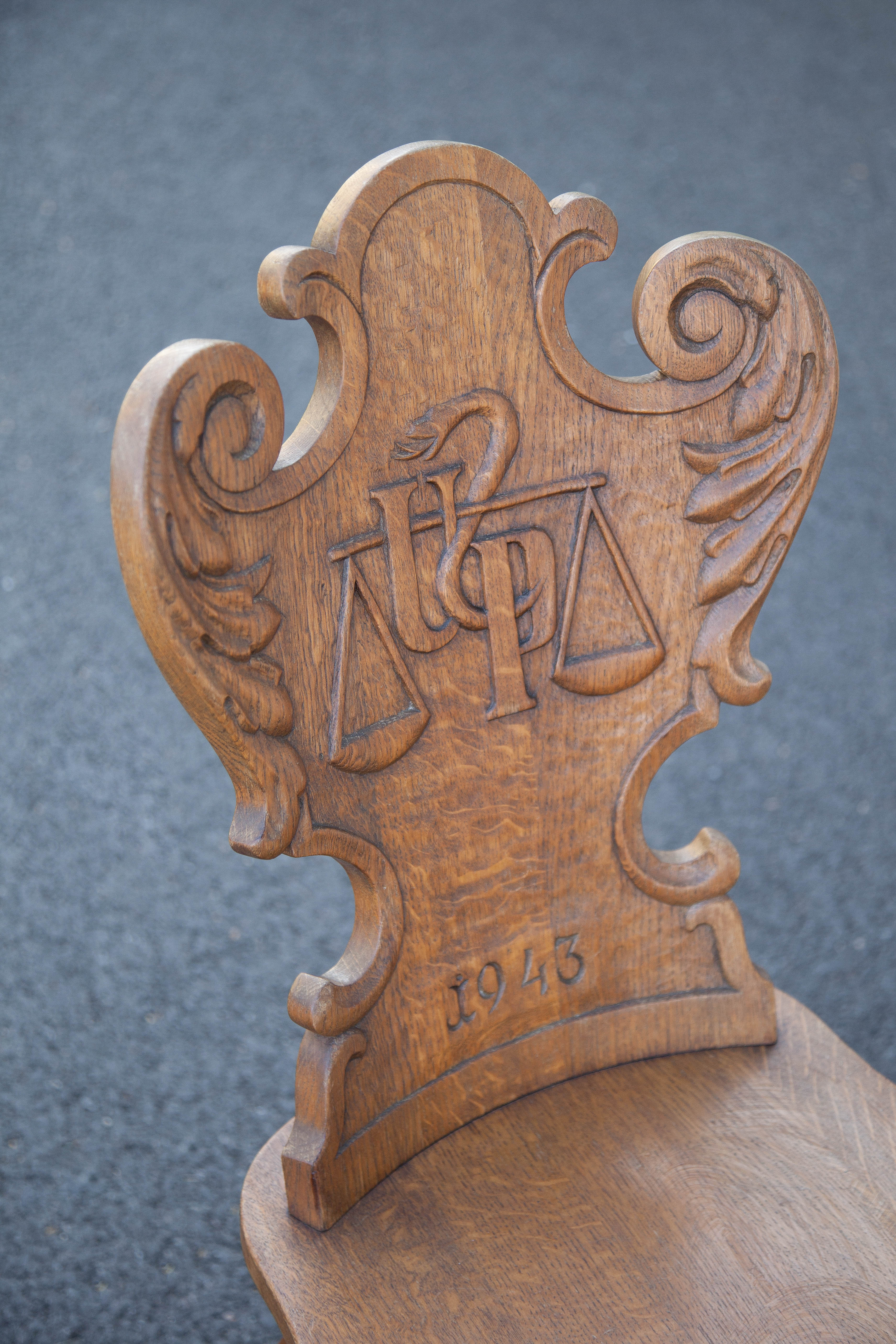 Set of 4 carved wooden stepladder chairs, pharmacy, brutalist, mountain style