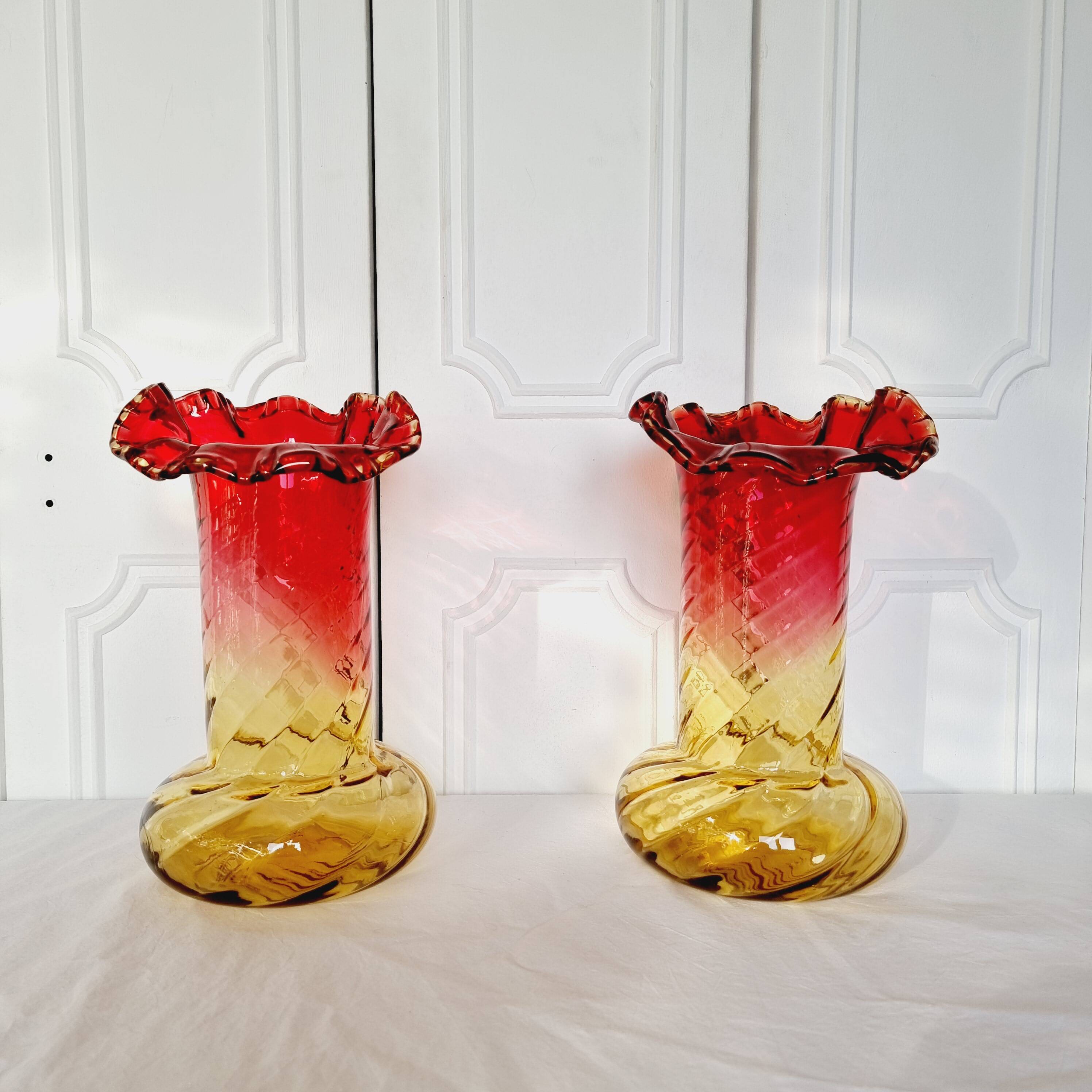 2 Art Nouveau Style Turned Glass Vases from 1900