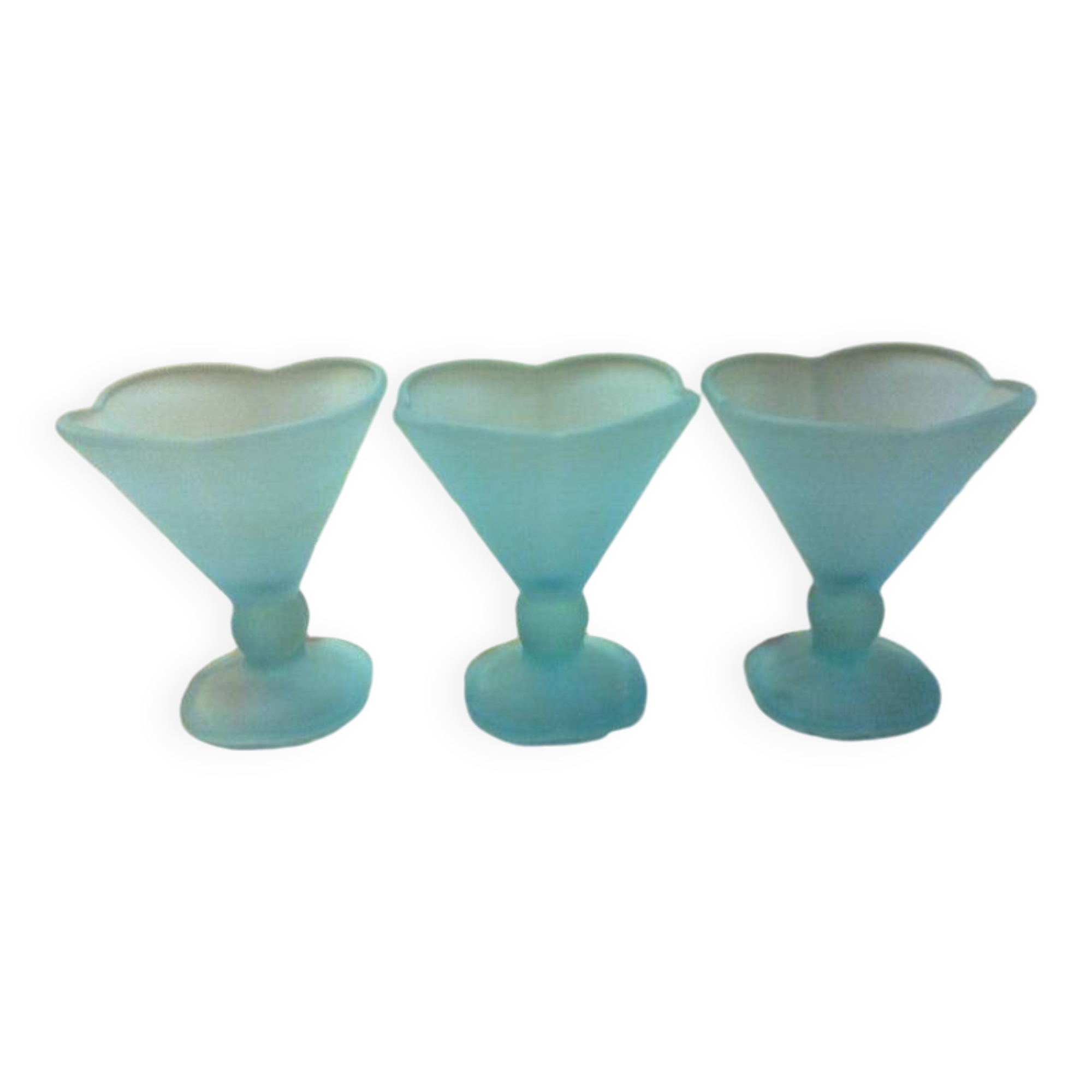 set of 3 ice cream / dessert cups, on foot, frosted blue-green glass