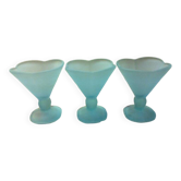 set of 3 ice cream / dessert cups, on foot, frosted blue-green glass