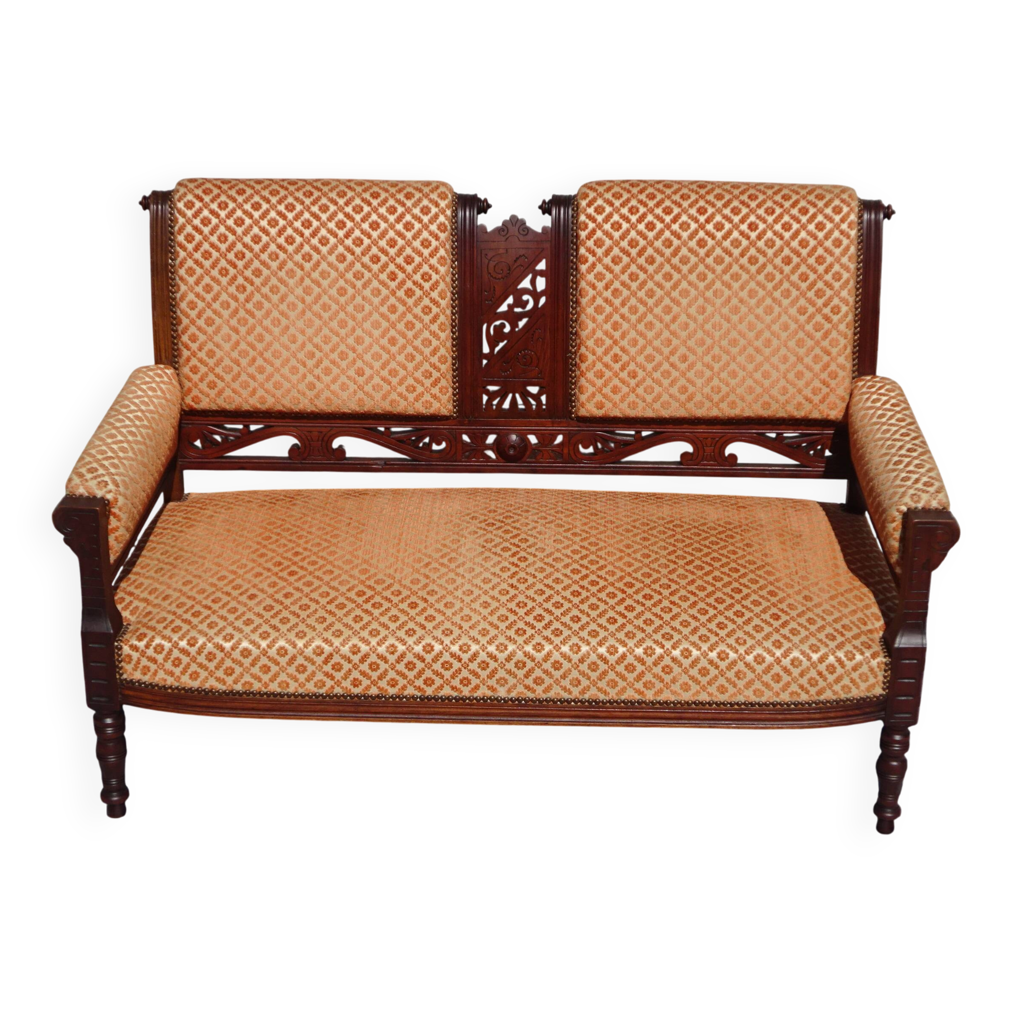 Old bench in wood and orange velvet