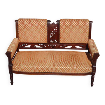 Ancienne banquette en bois et velours orange
