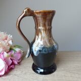 Ancien pichet à vin carafe en grès flammé marron et bleu vintage 1960