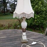 Lampe de salon rétro 1950 albâtre / laiton abat jour soie ecru