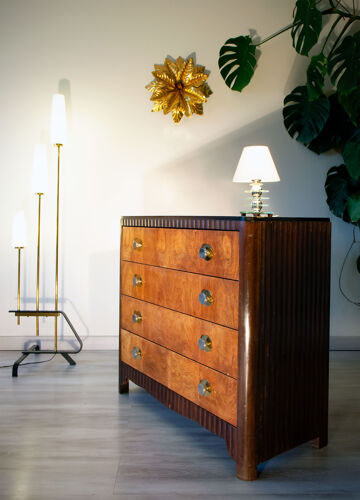 Art Deco period chest of drawers, walnut and brass