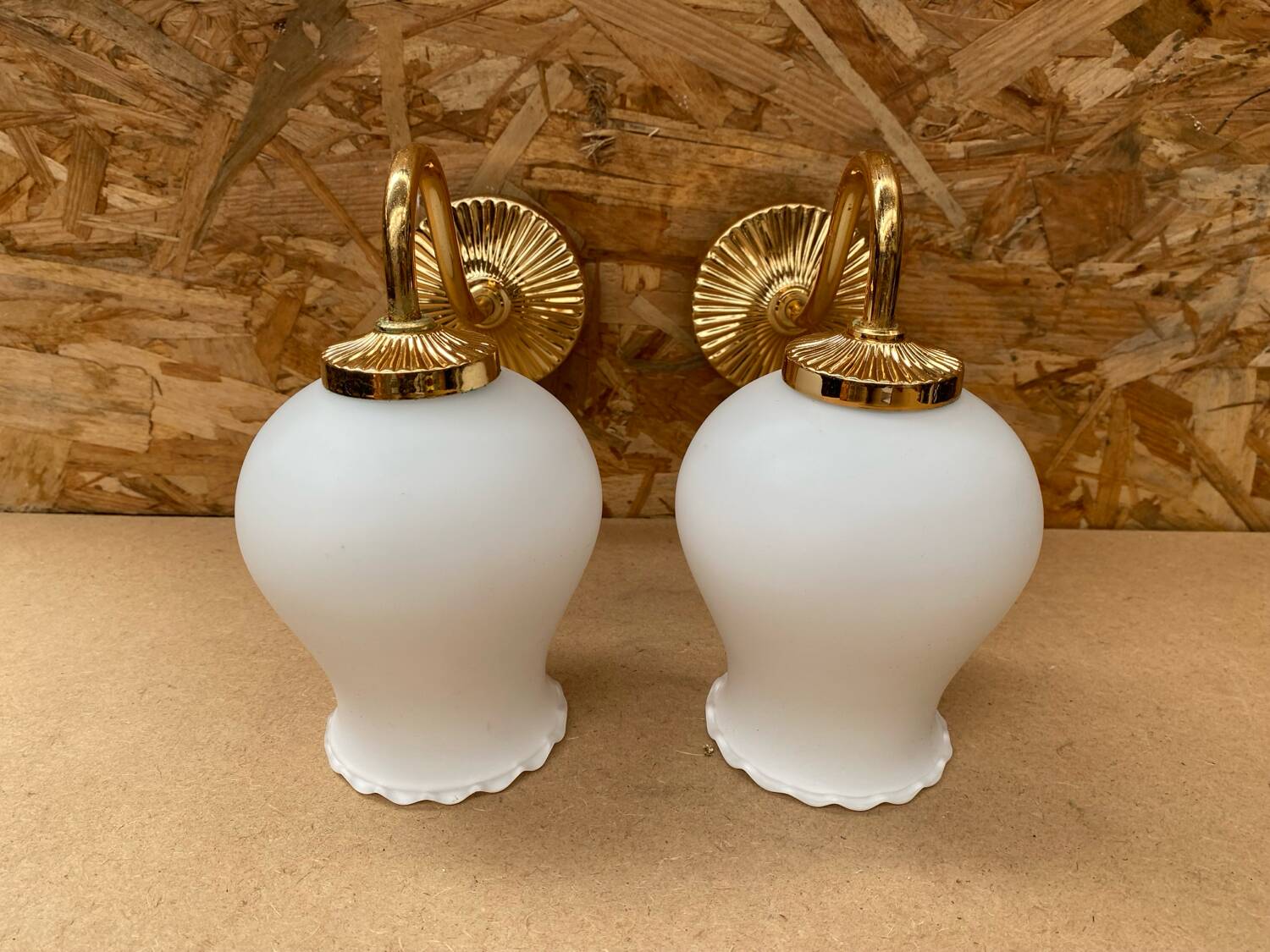 Pair of Antique Wall Lamps in Gold Metal + Vintage White Opaline