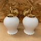Pair of Antique Wall Lamps in Gold Metal + Vintage White Opaline