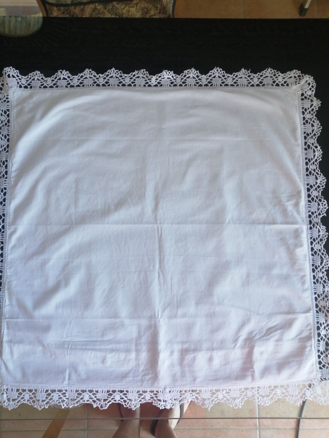 Old linen pillowcase, crocheted steering wheel