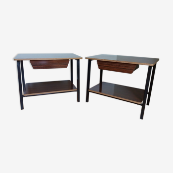 2 boarding school bedside tables modernist formica style and black lacquered metal