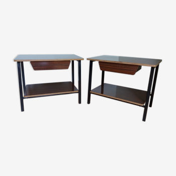 2 tables de chevet d'internat style moderniste formica et métal laqué noir