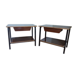 2 tables de chevet d'internat style moderniste formica et métal laqué noir