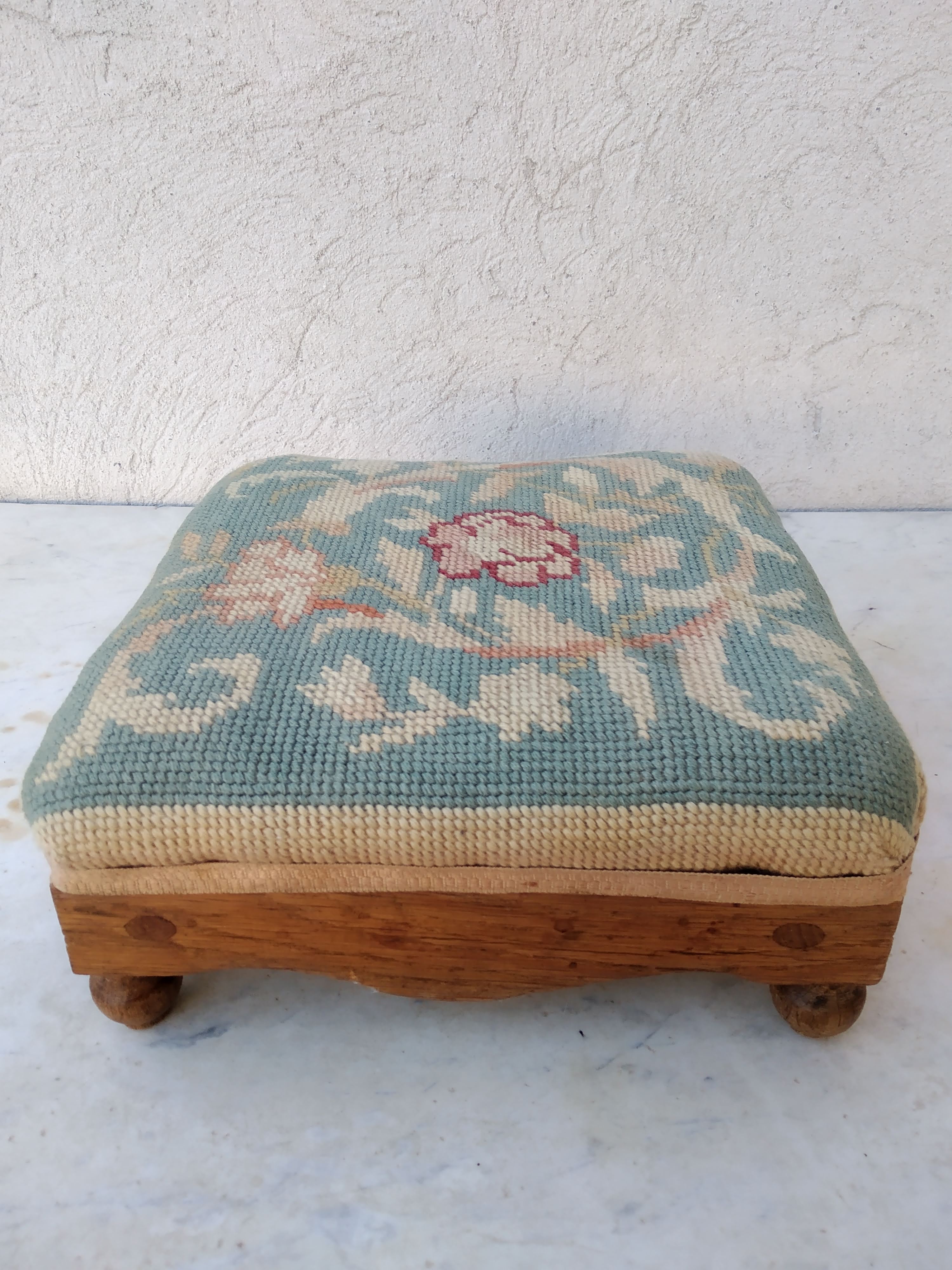 Small antique footrest stool lined canvas