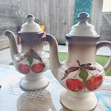Small vintage stoneware teapot with flower and fruit patterns