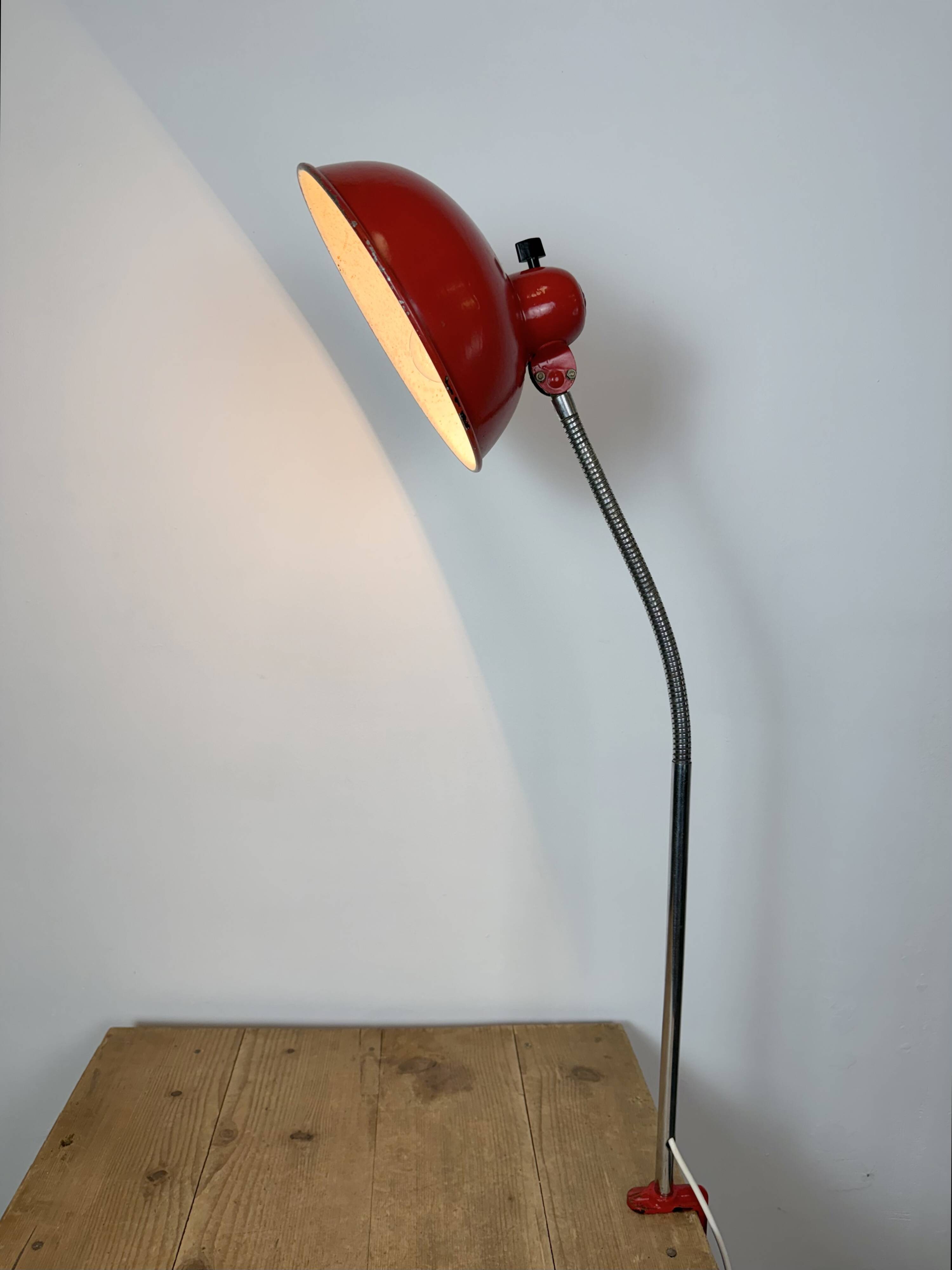 Large Red Industrial German Workshop Table Lamp from Helo Leuchten, 1950s