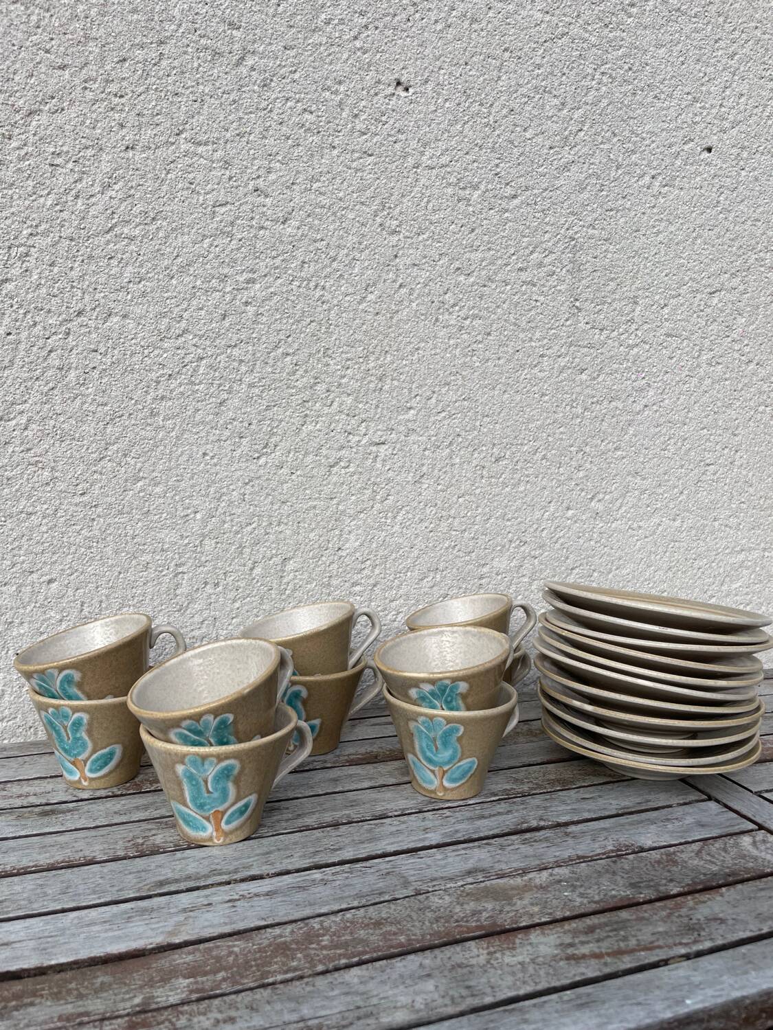 Stoneware coffee service from Pornic with turquoise flower print, 1970s-80s