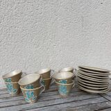 Stoneware coffee service from Pornic with turquoise flower print, 1970s-80s
