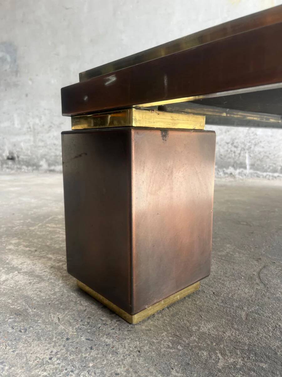 Grey ceramic mosaic top coffee table with dark wood base and brass accents, 1970s