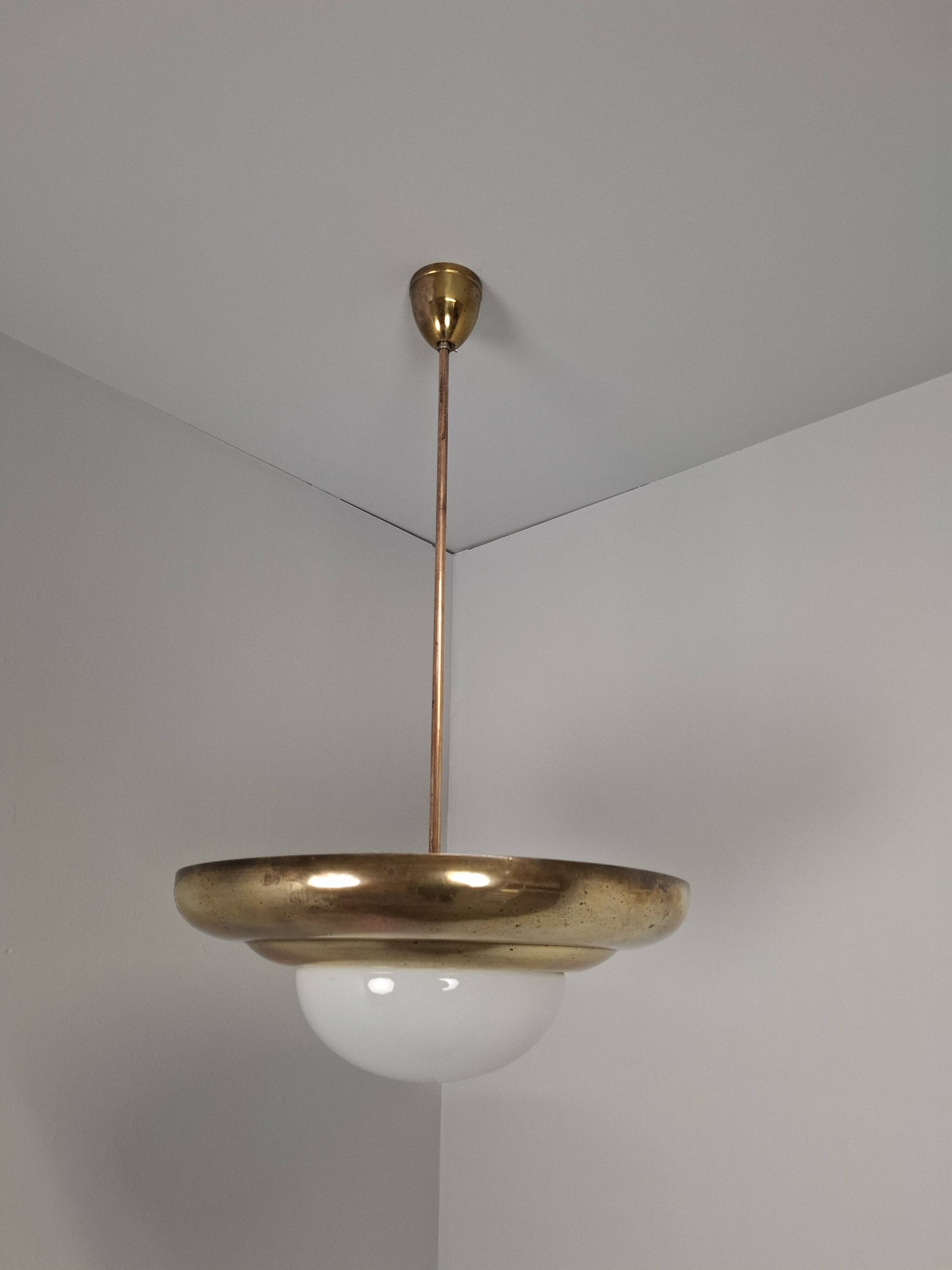 1920 Czechoslovak Art Deco Brass and Opaline Glass Pendant Lamp, Napako 134