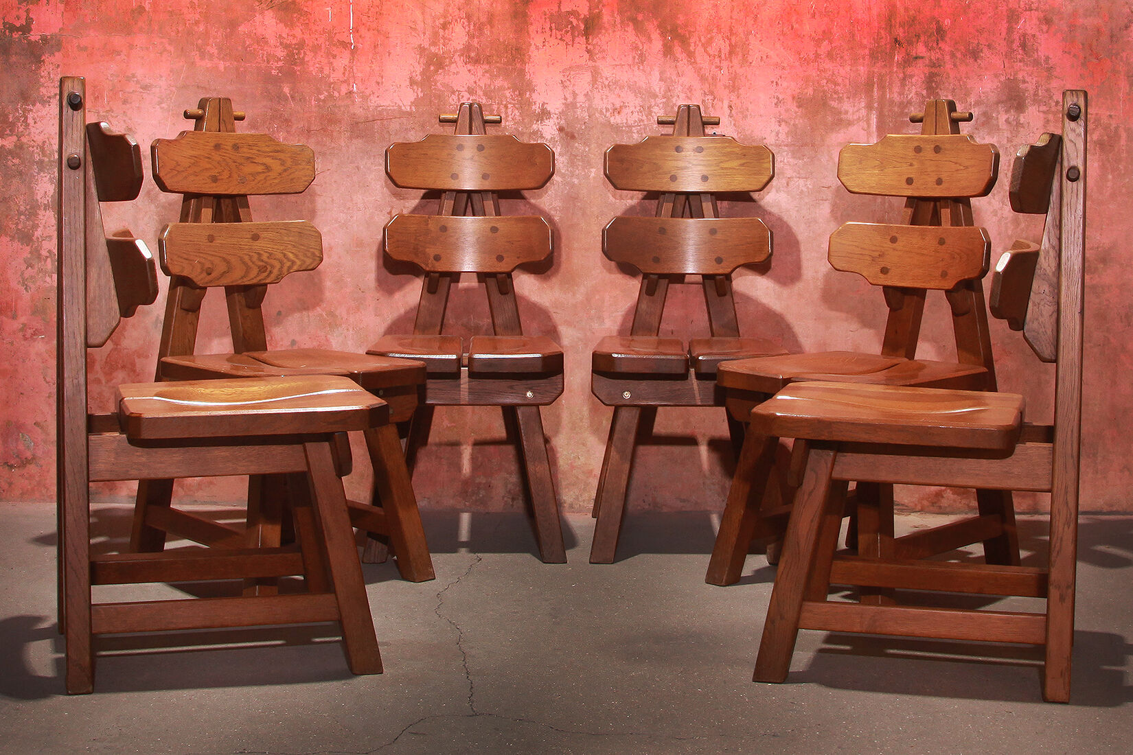 Vintage mid century brutalist solid oak dining chairs, 70