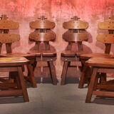 Vintage mid century brutalist solid oak dining chairs, 70