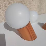 Pair of vintage wall lights in varnished pine and opal glass, 1970s-80s.