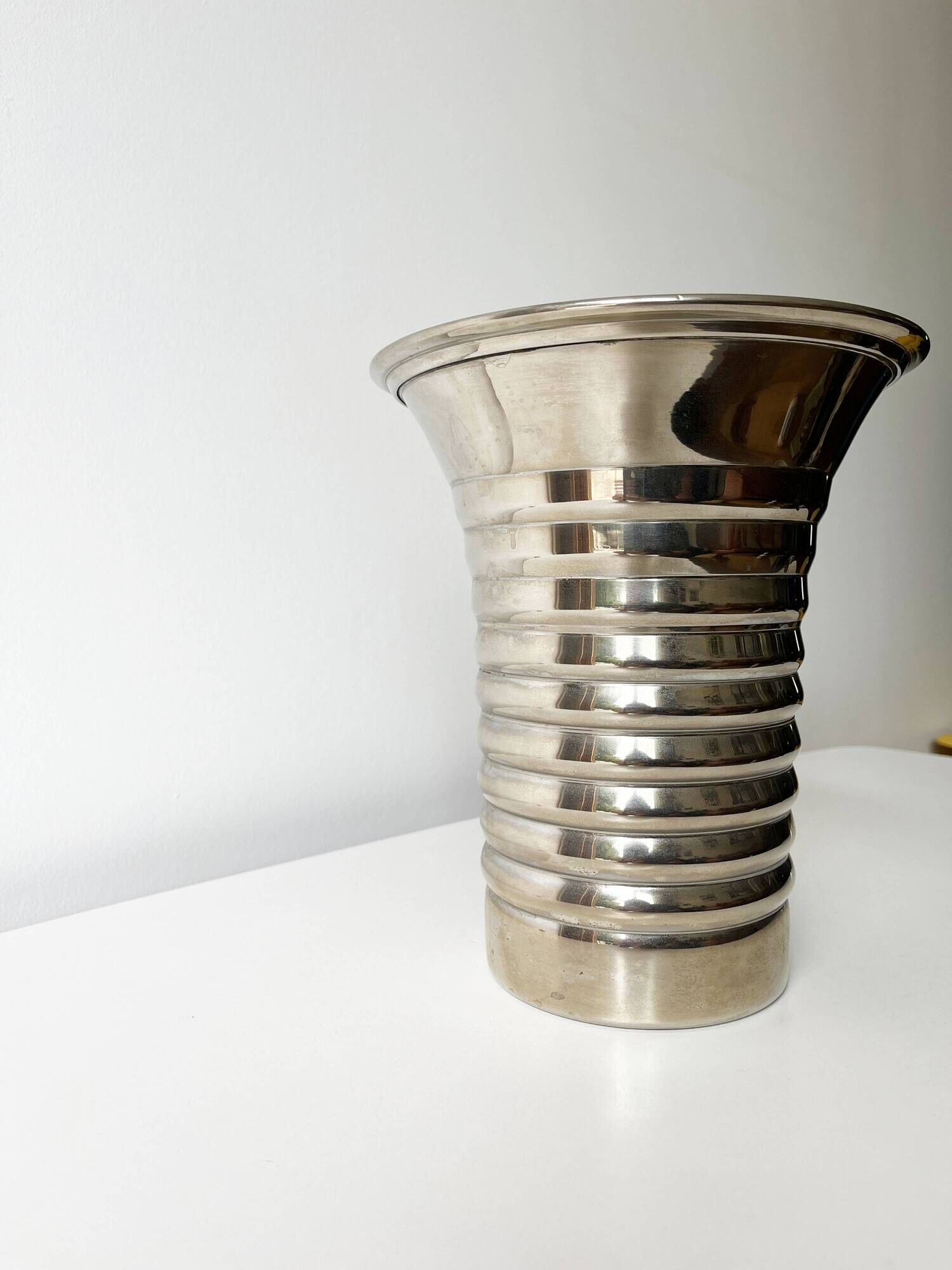 Vintage modernist striped polished aluminium vase