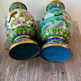 Pair of Asian vases floral motifs and partitioned bronze birds