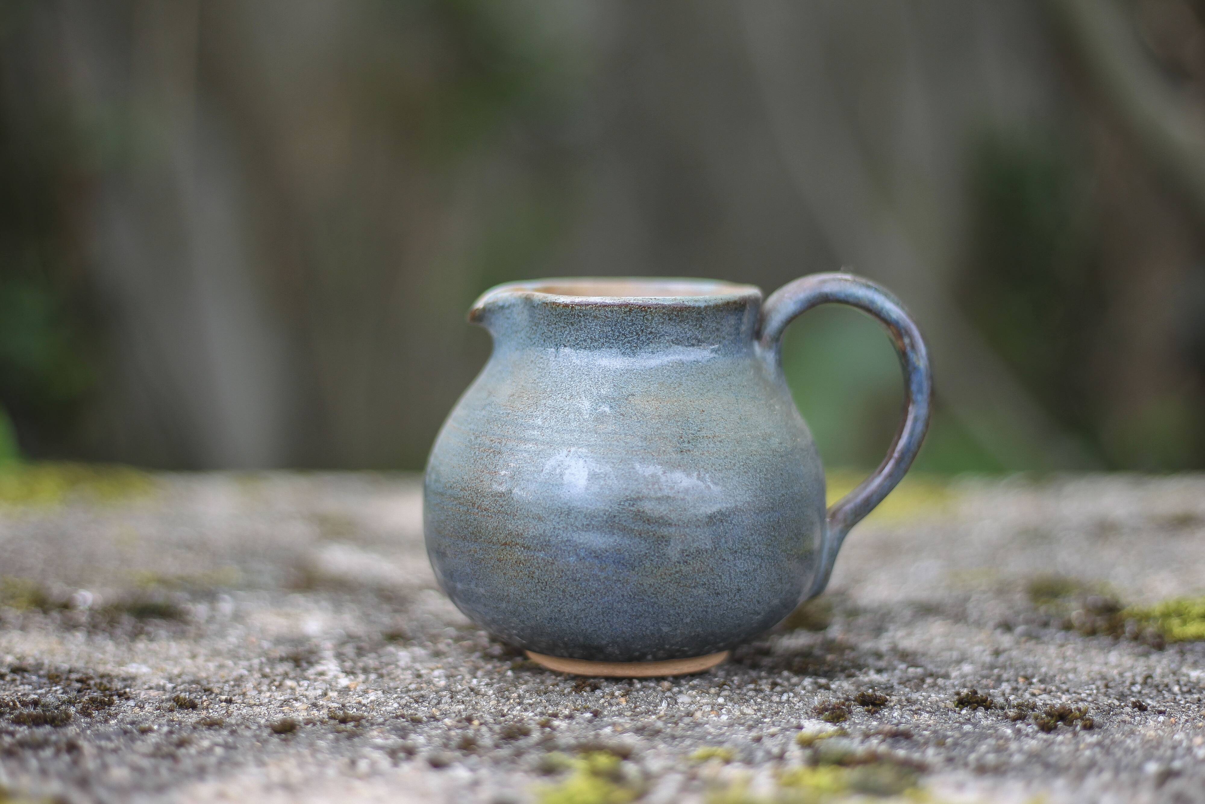 Blue glazed ceramic pitcher signed BB, vintage pitcher, small pitcher, cream pot, milk pot