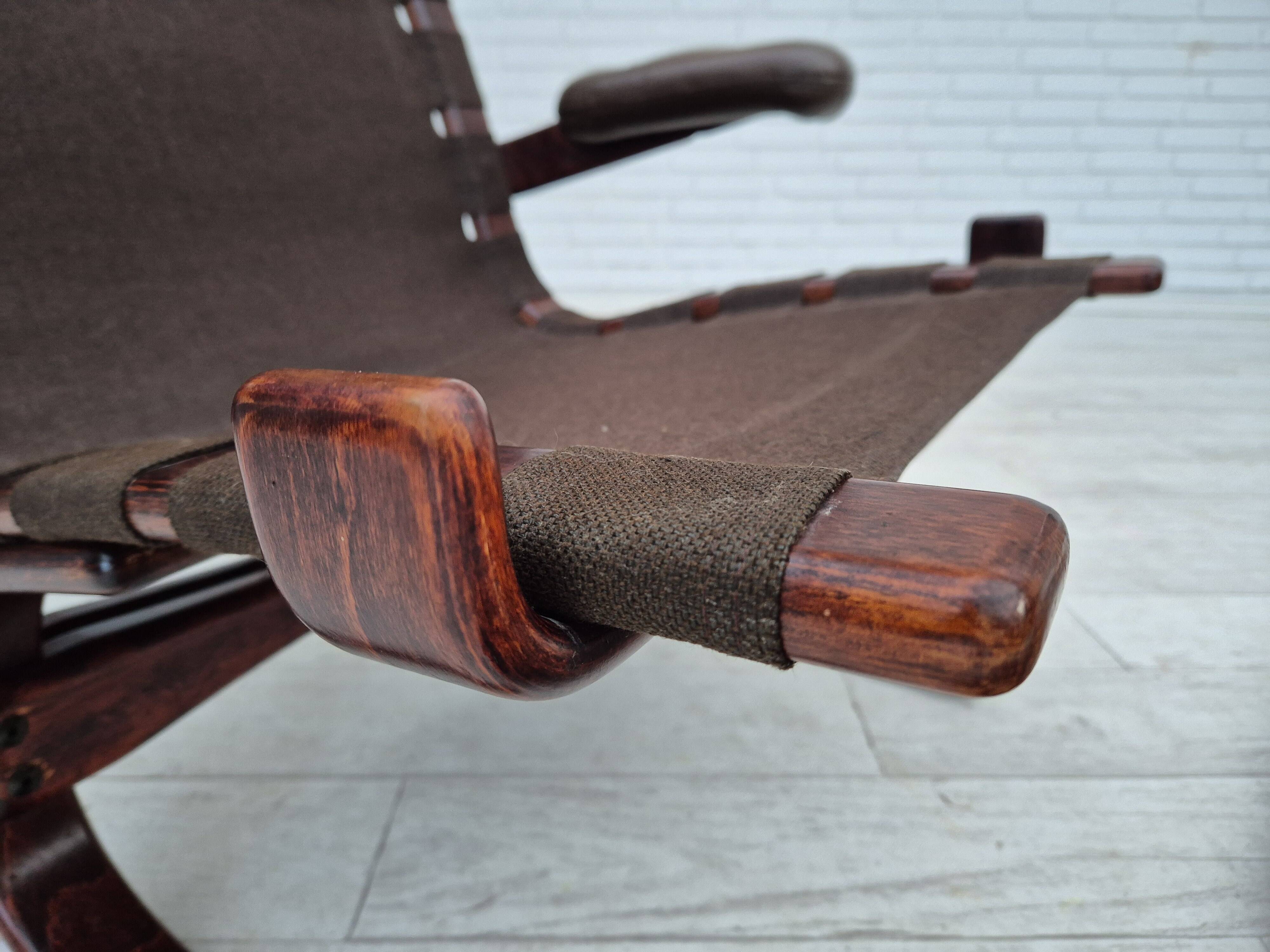 1970s, Scandinavian armchair, original condition, furniture leather, bent wood, canvas.