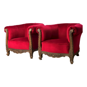 Set of 2 vintage wine red armchairs, single-seater
