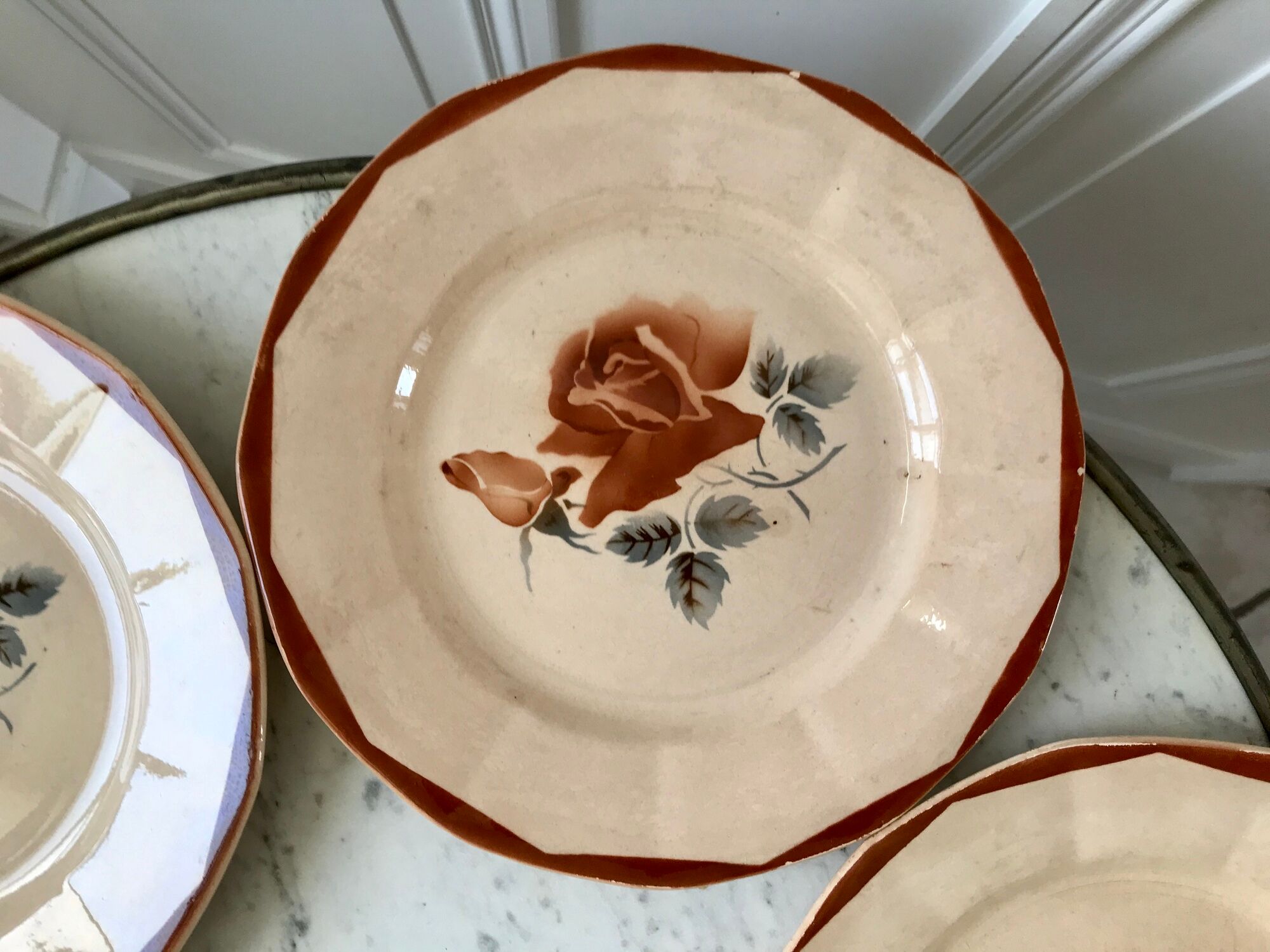 Set of 6 flat plates Digoin Sarreguemines pink flowers years 30-40